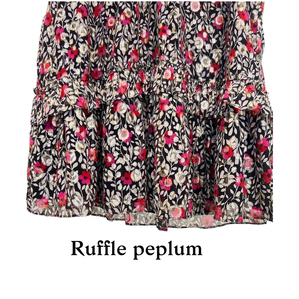 Kate Spade Metallic Floral Lurex Ruffle Blouse M Romantic Coquette Luxe Tunic